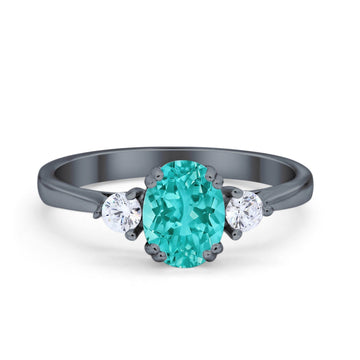 Three Stone Wedding Ring Oval Black Tone, Simulated Paraiba Tourmaline CZ 925 Sterling Silver